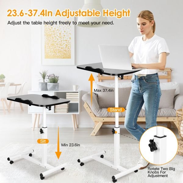black foldable home office portable computer cart 90° tiltable rolling laptop table height adjustable mobile standing desk for