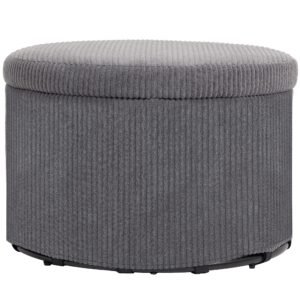 24 inch round storage ottoman stool with lid upholstered corduroy footrest in gray for living room bedroom