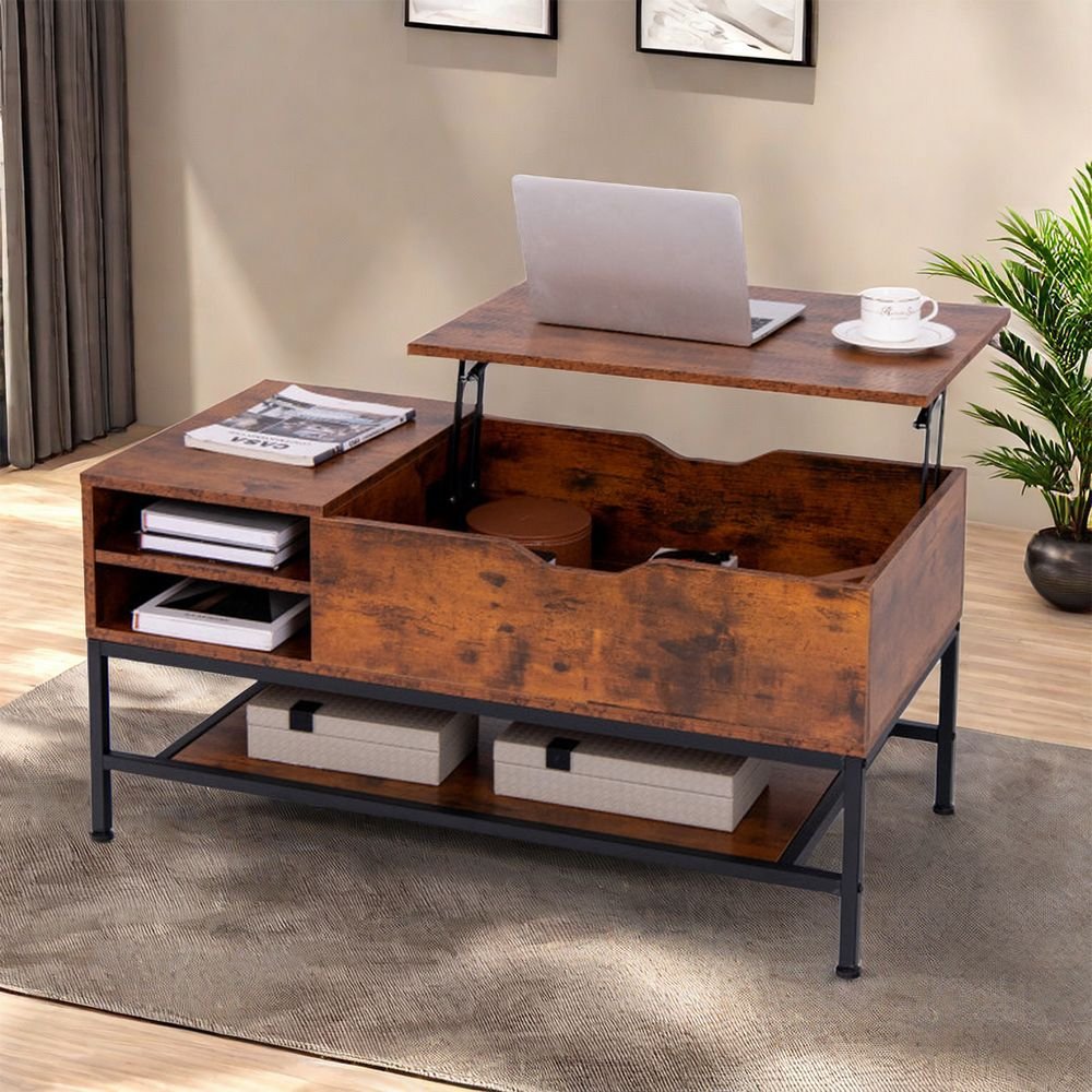 1pc lift top coffee table with hidden compartment and removable storage shelf