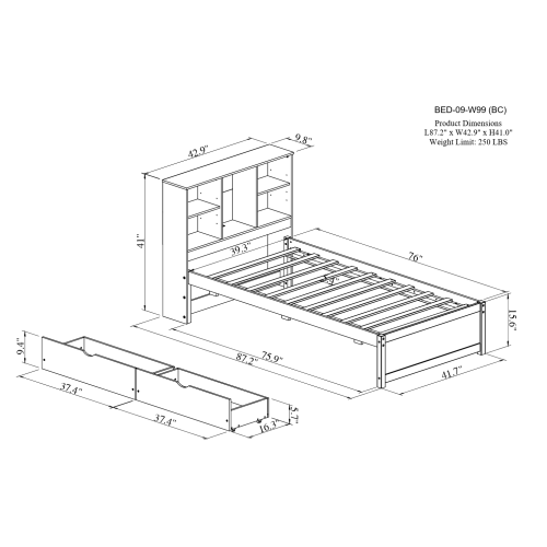fcj modern twin size bed frame tufted design bookcase headboard 2 drawers built in usb port walnut color featuring storage space