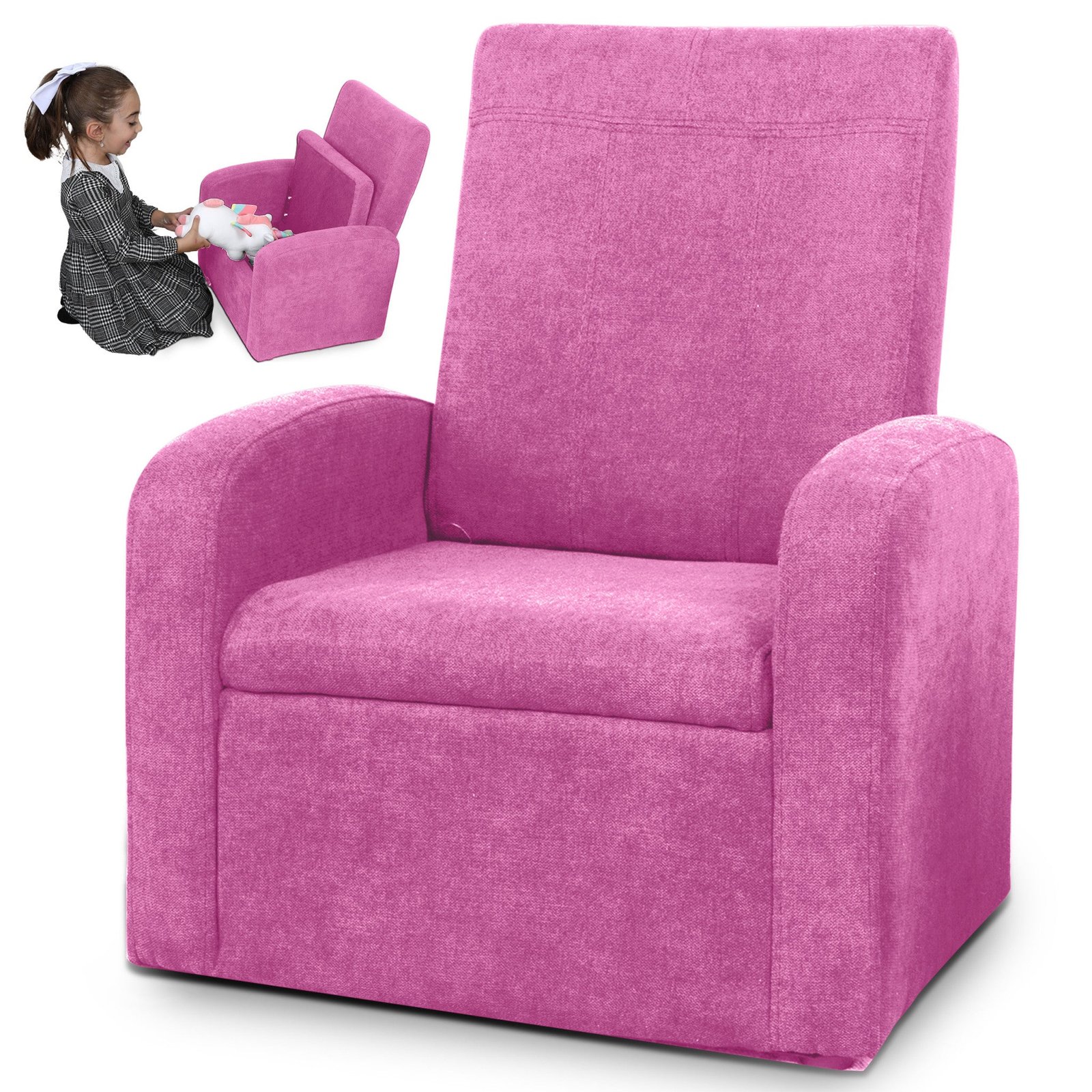hms kids comfortable pink upholstered recliner chair with storage for living room