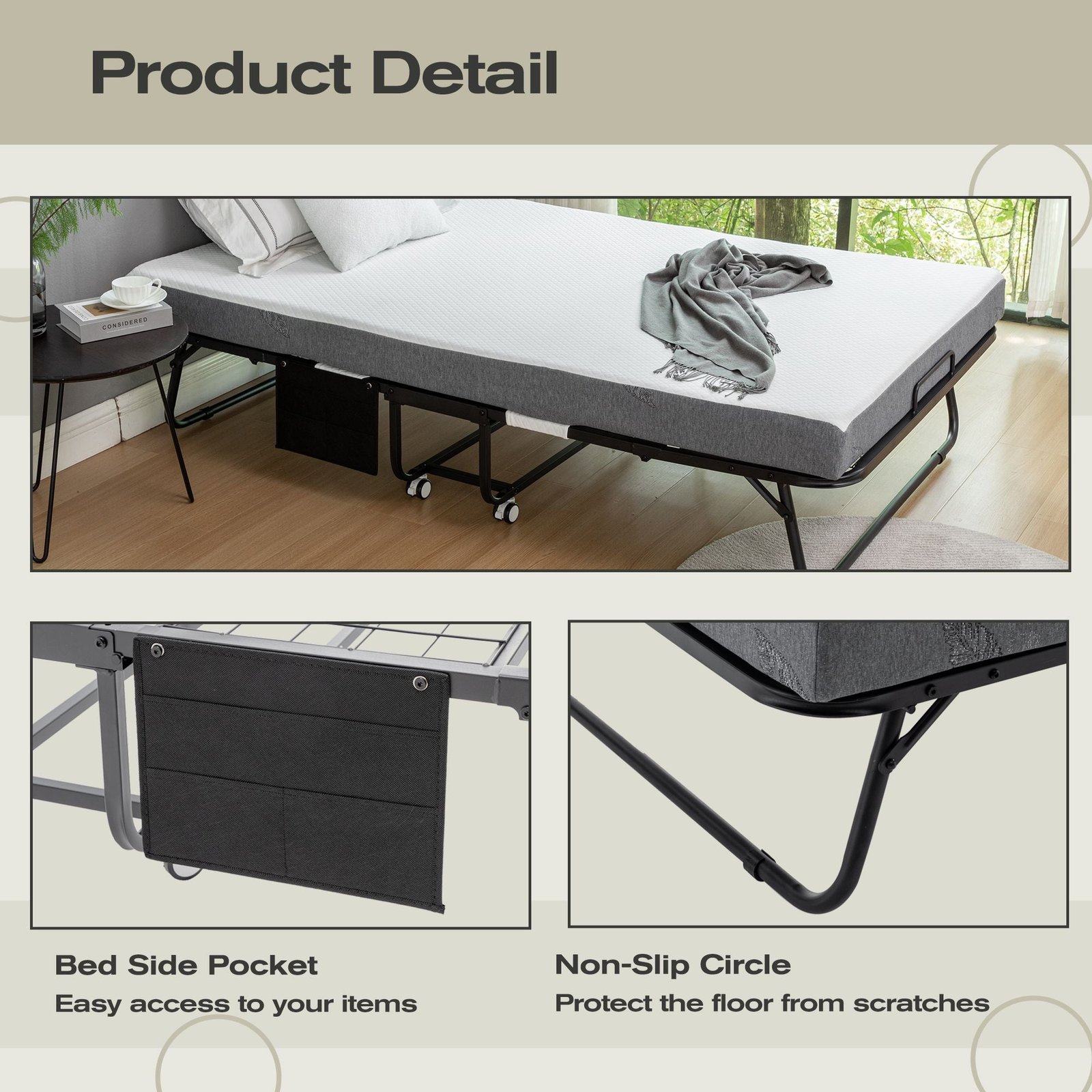 75 in. x 45 in. portable metal frame rollaway bed memory foam mattress wheels 45 in. x 75 in. folding metal bed bedroom