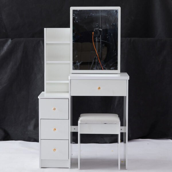 29.2" small space left bedside cabinet vanity table + cushioned stool, extra large right sliding mirror