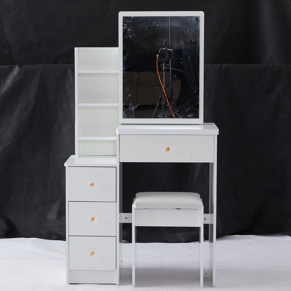 29.2" small space left bedside cabinet vanity table + cushioned stool, extra large right sliding mirror