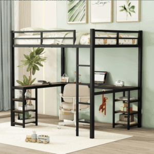 fcj full metal double loft bed frame with desk shelves ladder guardrails for bedroom or warehouse use