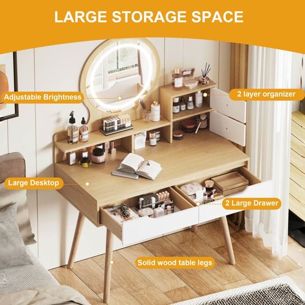 adjustable lighted mirror makeup vanity desk 4 drawers 3 open shelves solid wood table feet small space bedroom dressing table