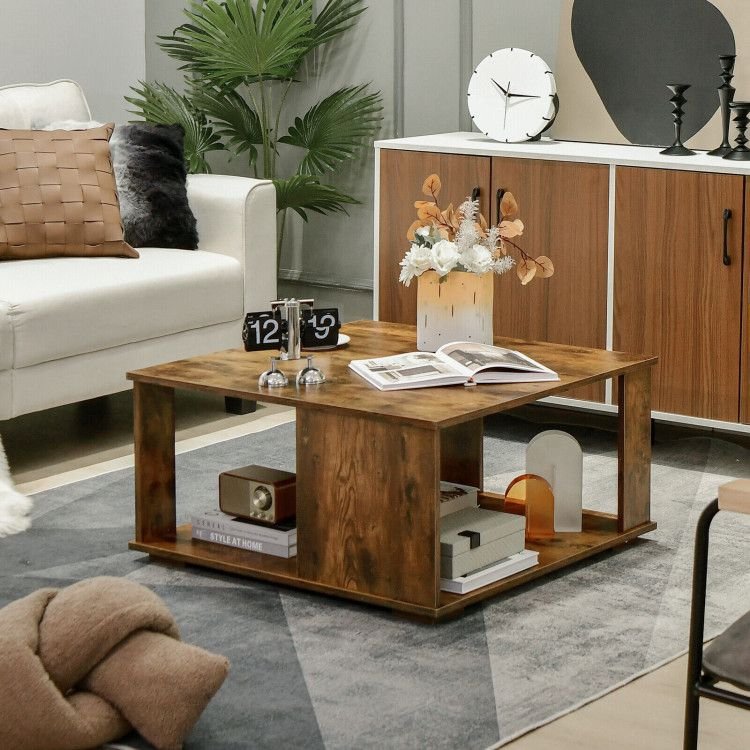 2 tiers square coffee table with non slip foot pads and storage space