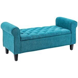 50 inches button tufted storage ottoman bench with rolled arms wood legs teal end of bed bench