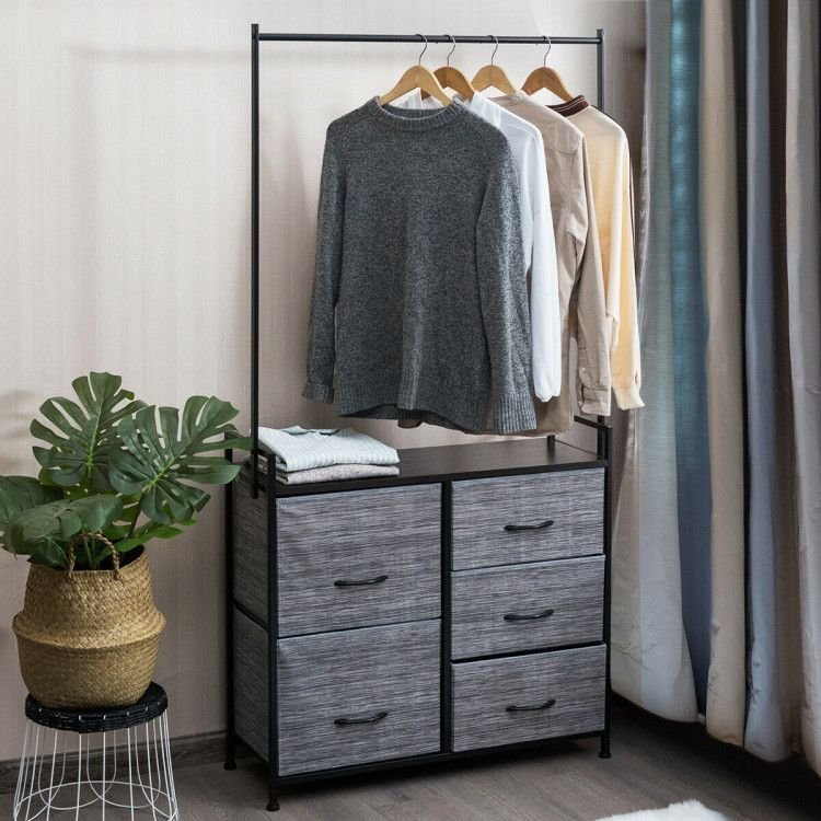 5 fabric drawers dresser with metal frame and wooden top