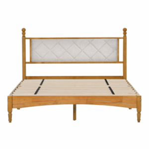 fcj solid rubberwood wooden bed frame with upholstered fabric headboard central support includes storage space for apartment use