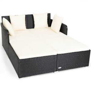 white outdoor rattan daybed with upholstered cushions metal bed