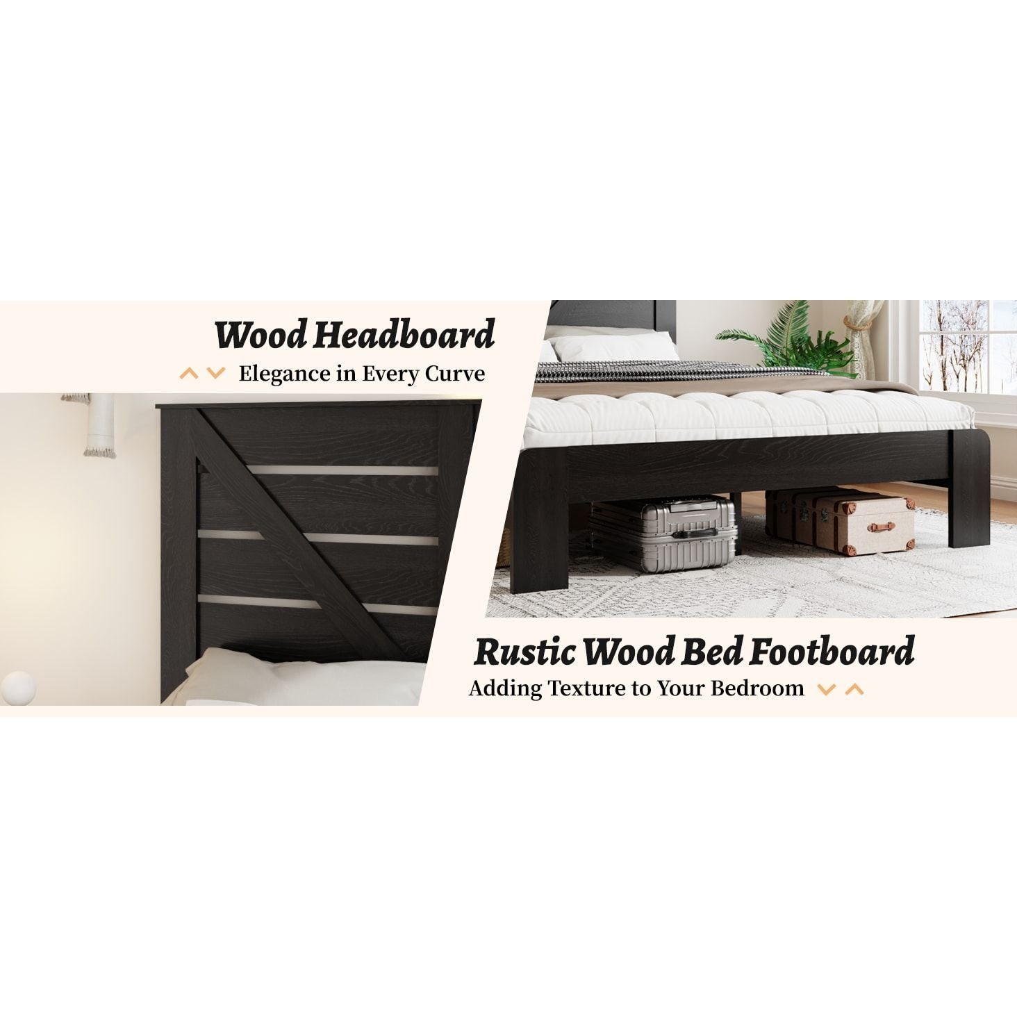 black wood platform bed frame with noise free headboard easy assembly no box spring needed large bed storage