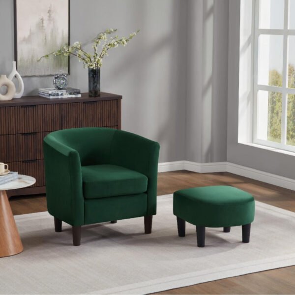 velvet accent chair with ottoman, modern barrel chair armchair for living room, green