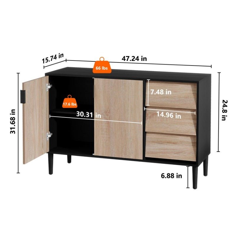 storage cabinet with 3 drawers, 2 doors sideboard buffet cabinet, mid century accent cabinets with adjustable shelf