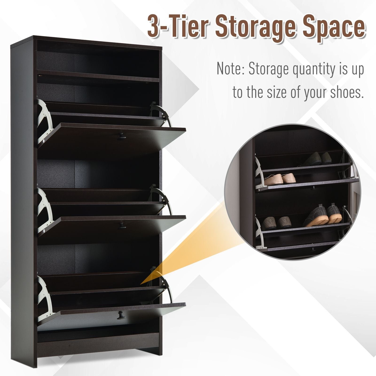trendy espresso shoe storage cabinet with 3 large fold out drawers spacious top surface shoe rack