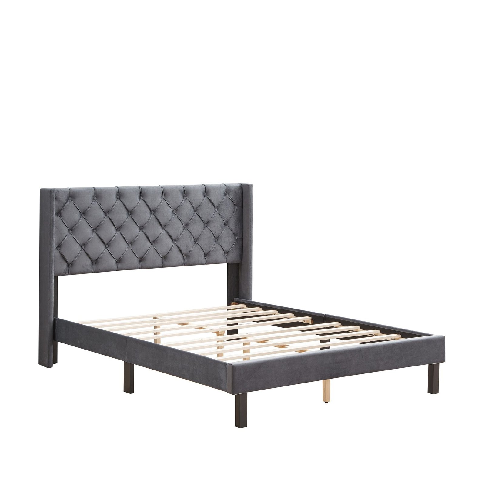 velvet button tufted wooden bed with wings design easy assembly strong wood slat support