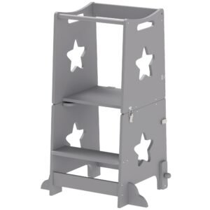 2 in 1 gray toddler tower with safety rail for bathroom sink kitchen counter or ottomans for multiple uses