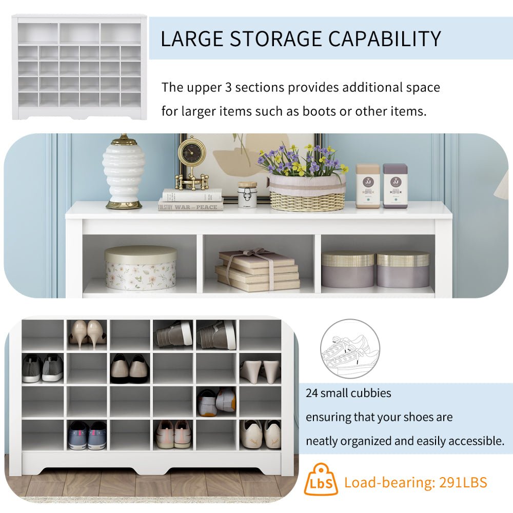 sleek design 24 shoe cubby console, modern shoe cabinet with curved base, versatile sideboard