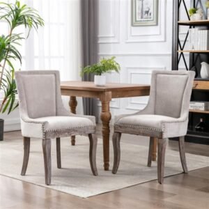 ultra side dining chair set 2 thickened fabric with neutrally toned solid wood legs & bronze nail head furniture in beige