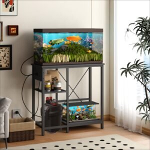 20 29 gallon fish tank stand with power outlet & led light, metal aquarium stand with 3 tier adjustable storage shelves, black