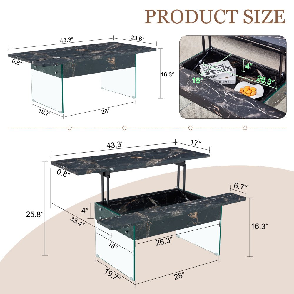 43.3 inch lift top coffee table w/storage black marble & tempered glass (300lb capacity) space saving, multi color