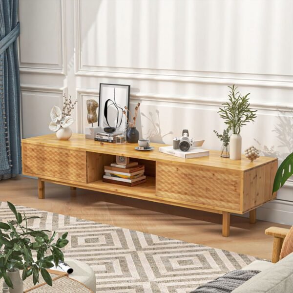 1pc 63 inches mid century modern bamboo tv stand with sliding doors modern tv stand