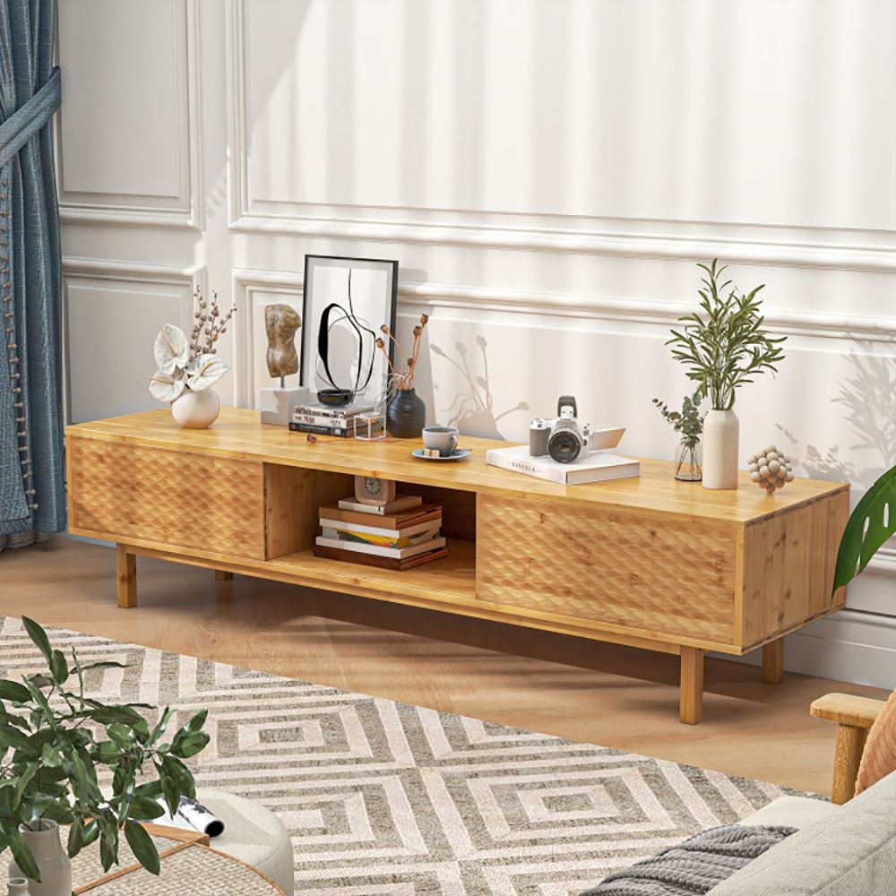 1pc 63 inches mid century modern bamboo tv stand with sliding doors modern tv stand