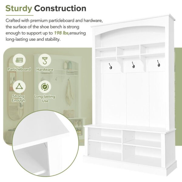 47.2'' wide hall tree with bench and shoe storage, multi functional storage bench with 3 hanging hooks & open storage space