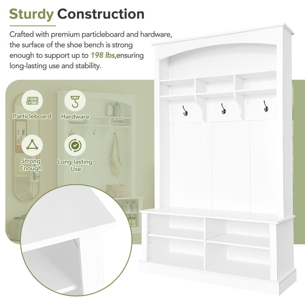 47.2'' wide hall tree with bench and shoe storage, multi functional storage bench with 3 hanging hooks & open storage space