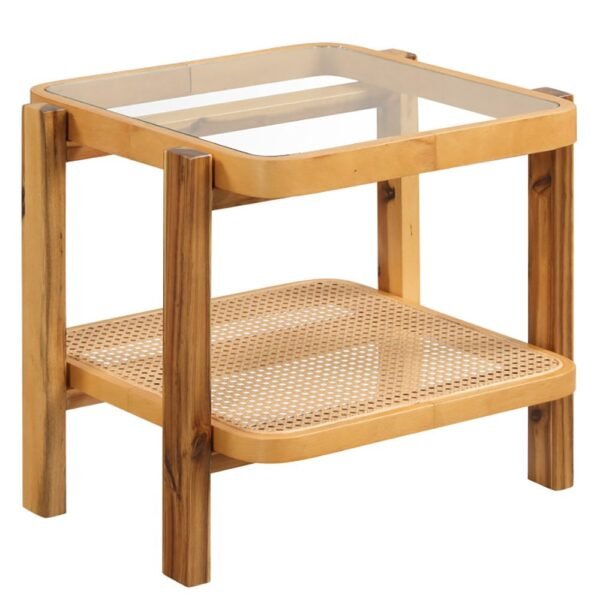 2 tier rattan end side table with tempered glass top and acacia wood legs for living room furniture