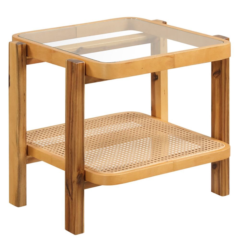 2 tier rattan end side table with tempered glass top and acacia wood legs for living room furniture