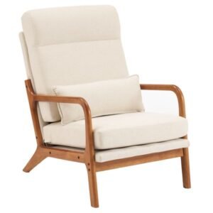 solid wood high back armrest and backrest iron frame linen indoor leisure chair off white for living room
