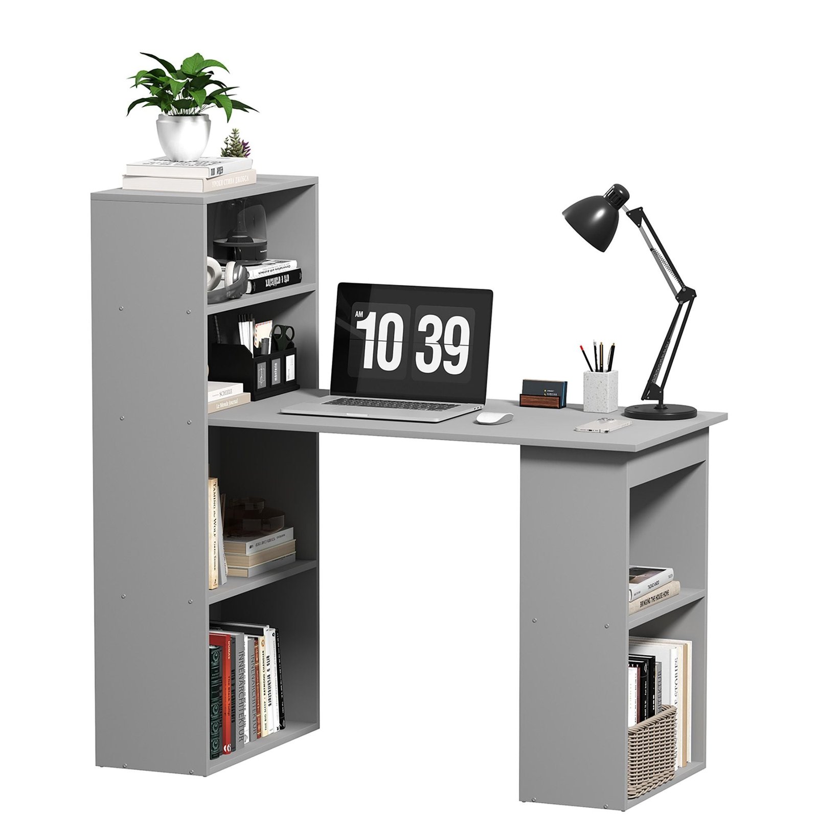 compact gray workstation writing desk with 6 tier storage shelves computer table bookshelf for home office