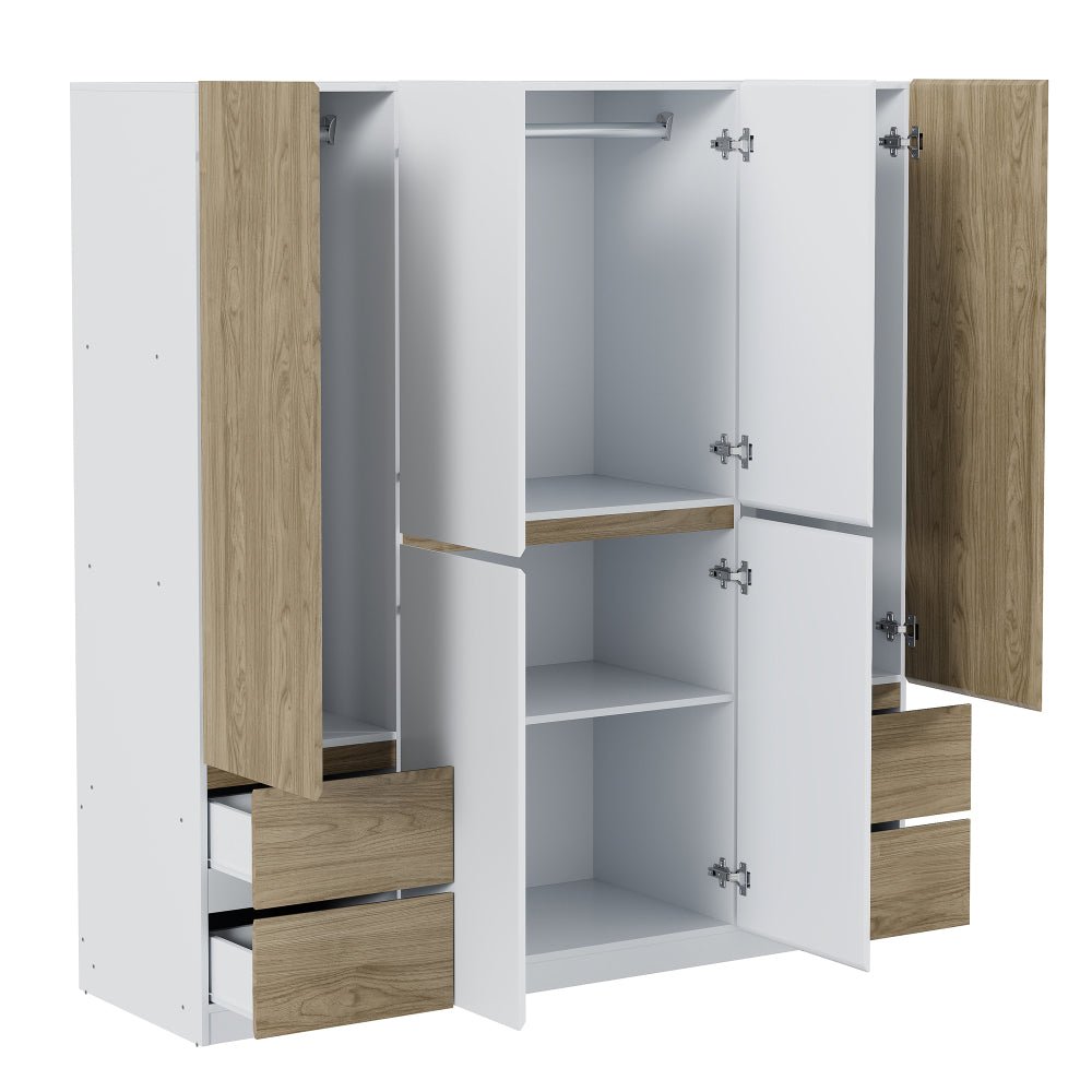 6 doors wooden wardrobe storage for bedroom,with 4 drawers,white+nature
