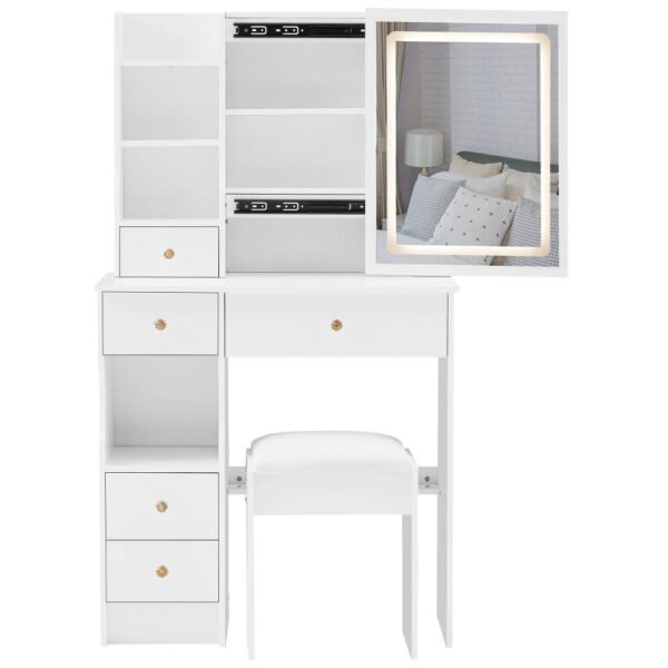 29.2" small size left drawer desktop vanity table + cushioned stool, large sliding, touch control, tri color switching