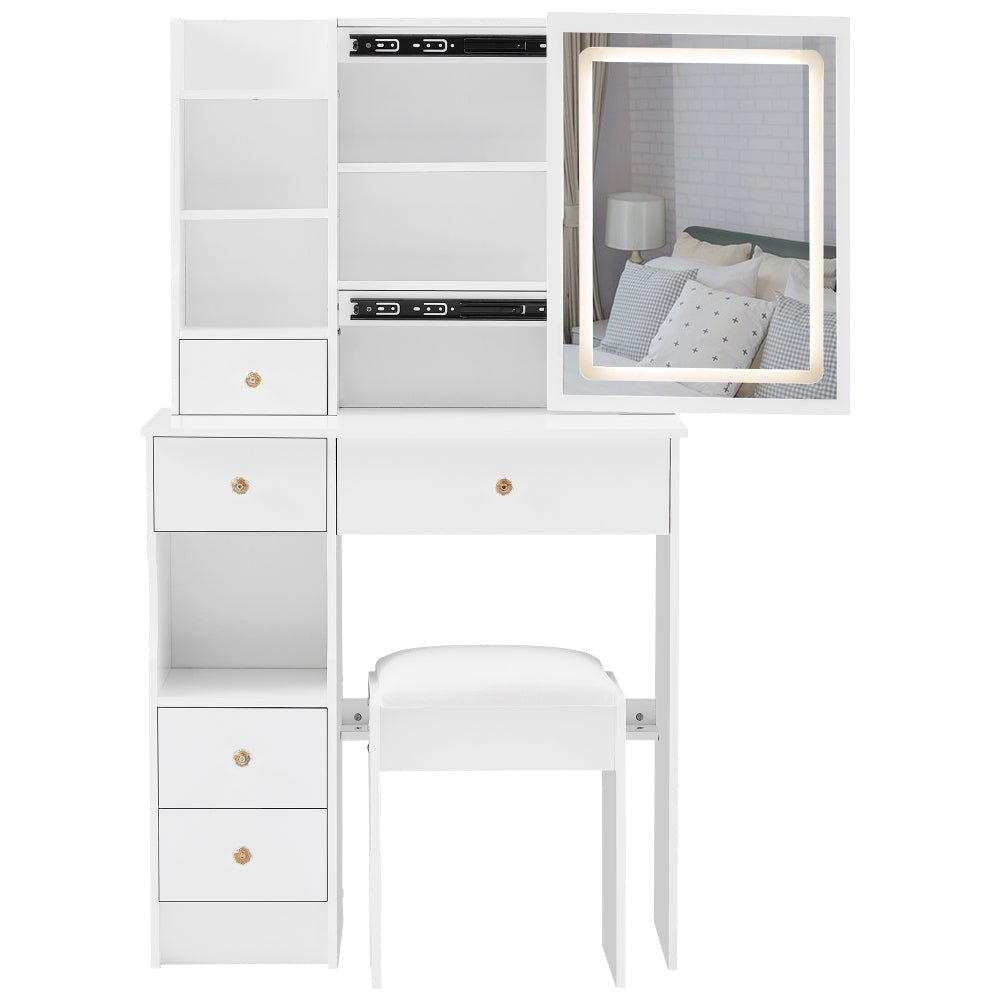 29.2" small size left drawer desktop vanity table + cushioned stool, large sliding, touch control, tri color switching