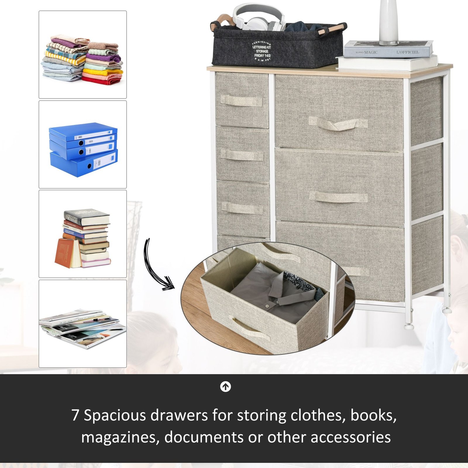 7 drawer gray fabric dresser with easy pull bins metal frame for convenient bedroom storage