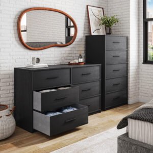 5 drawer dresser with large fabric drawers, black