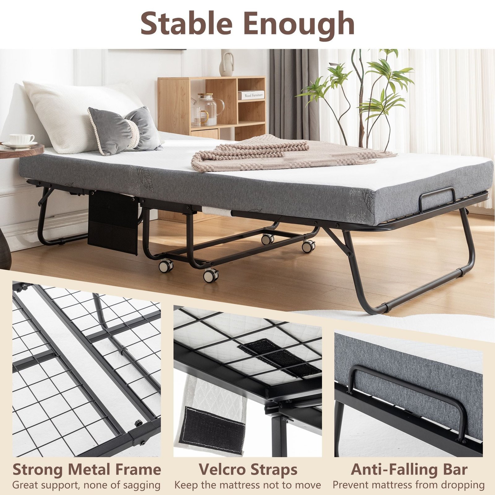 portable 75 in. x 38 in. folding metal frame rollaway bed with memory foam mattress & wheels 38 in. x 75 in.