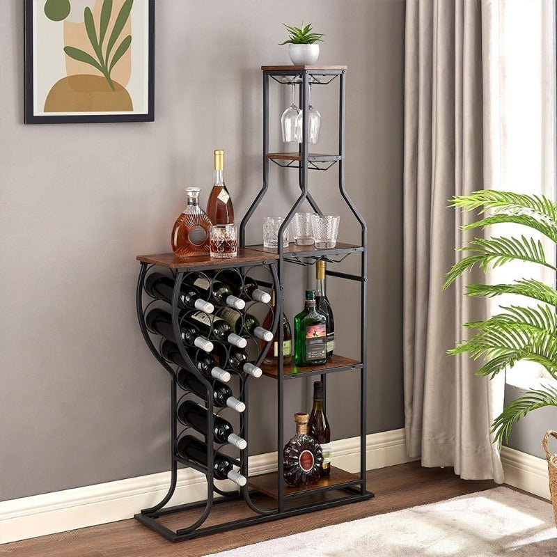 11 bottle floor wine rack,5 tier freestanding wine rack with wine glass holder and storage shelves,for home bar,living room
