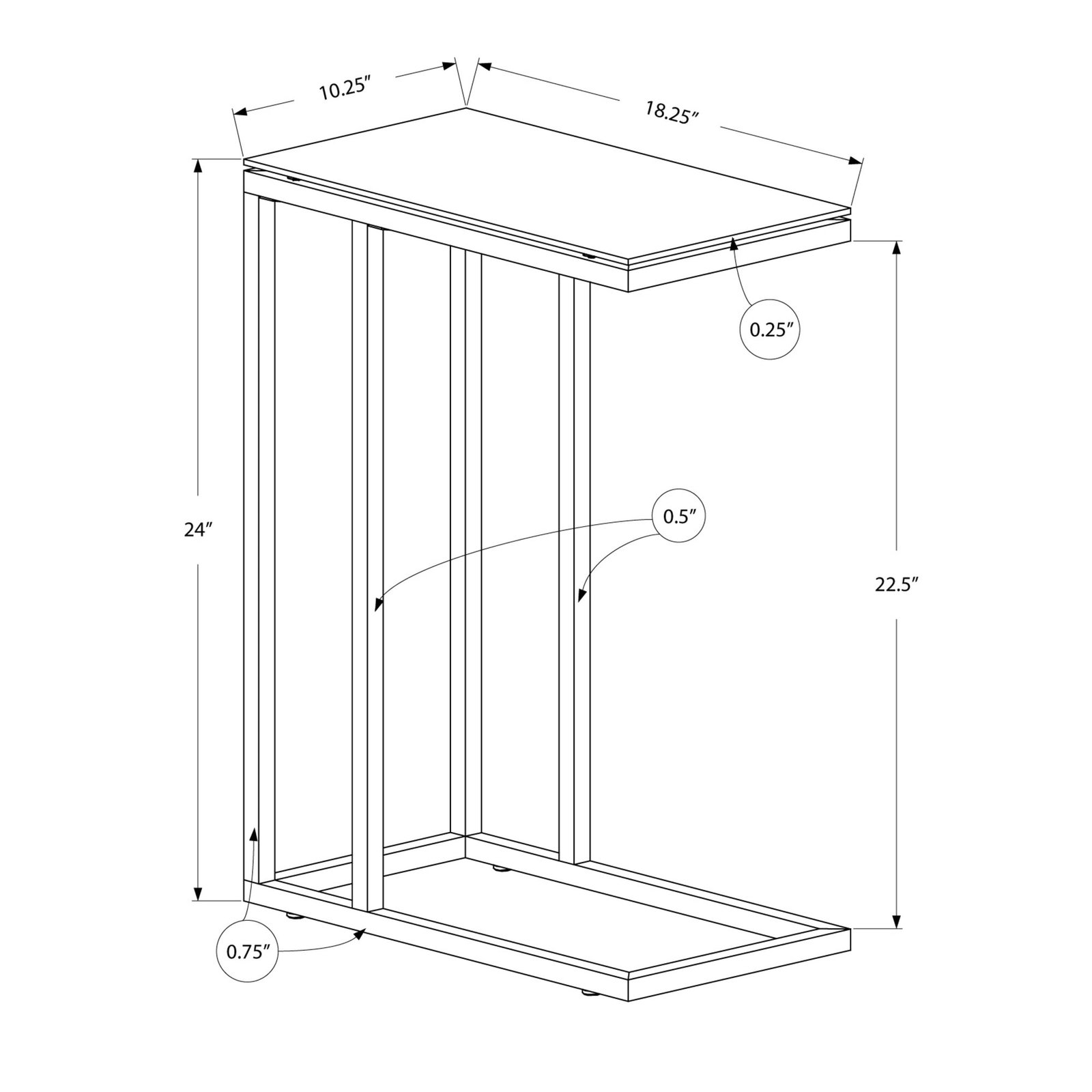 homeroots 18.25" x 10.25" x 24" black metal tempered glass accent table