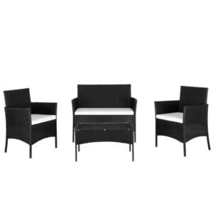 2pcs black rattan arm chairs & 1pc love seat with tempered glass coffee table set for living room