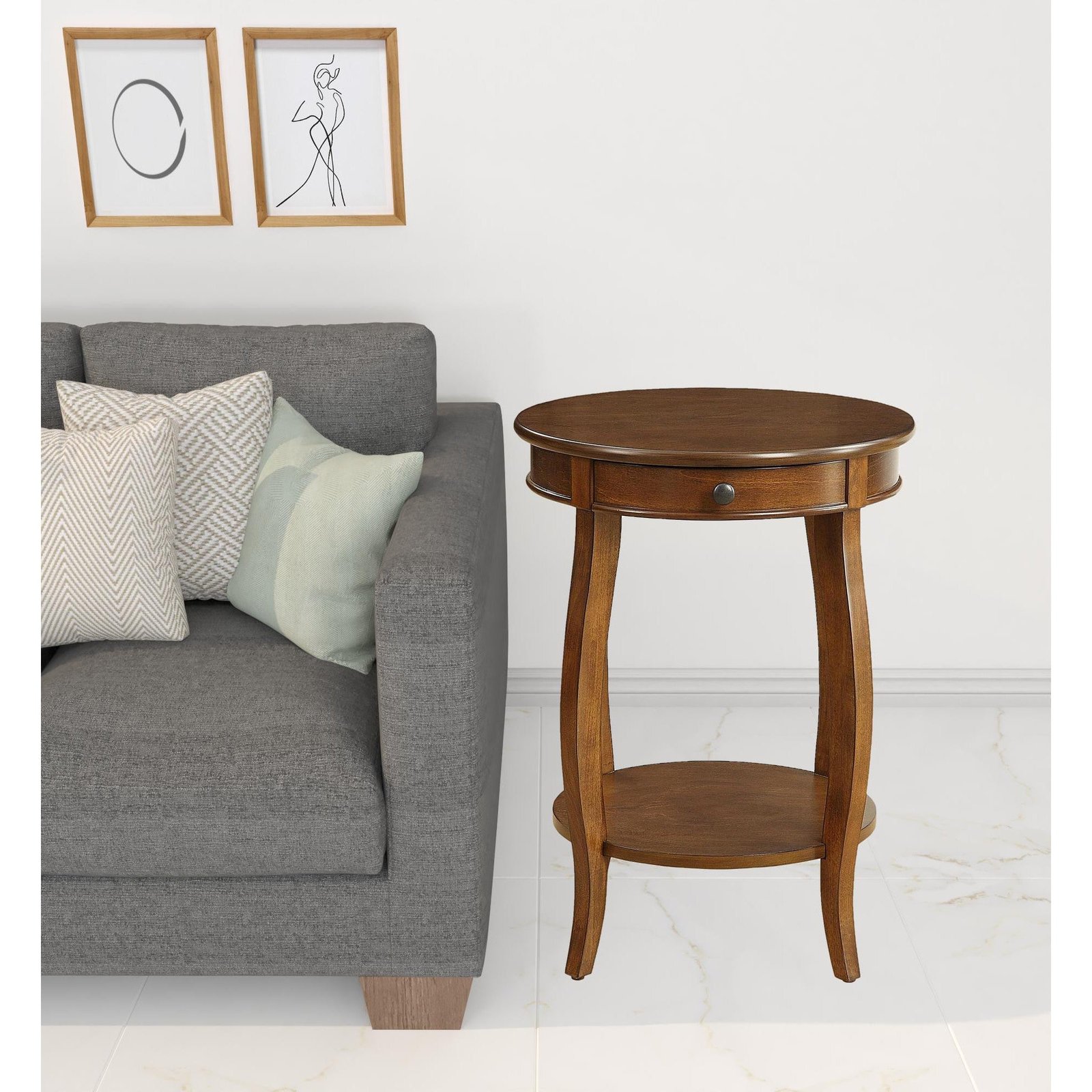 24" hms brown solid wood round end table with shelf for living room cabinets