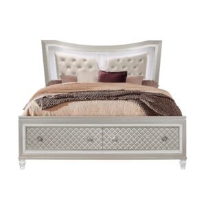hms queen bed in champagne tone with led lightning 2 drawers and padded headboard bedroom set