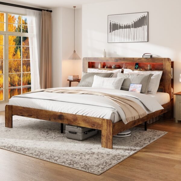 dark brown king size wood platform bed frame led light headboard usb ports no box spring needed easy assembly large storage no