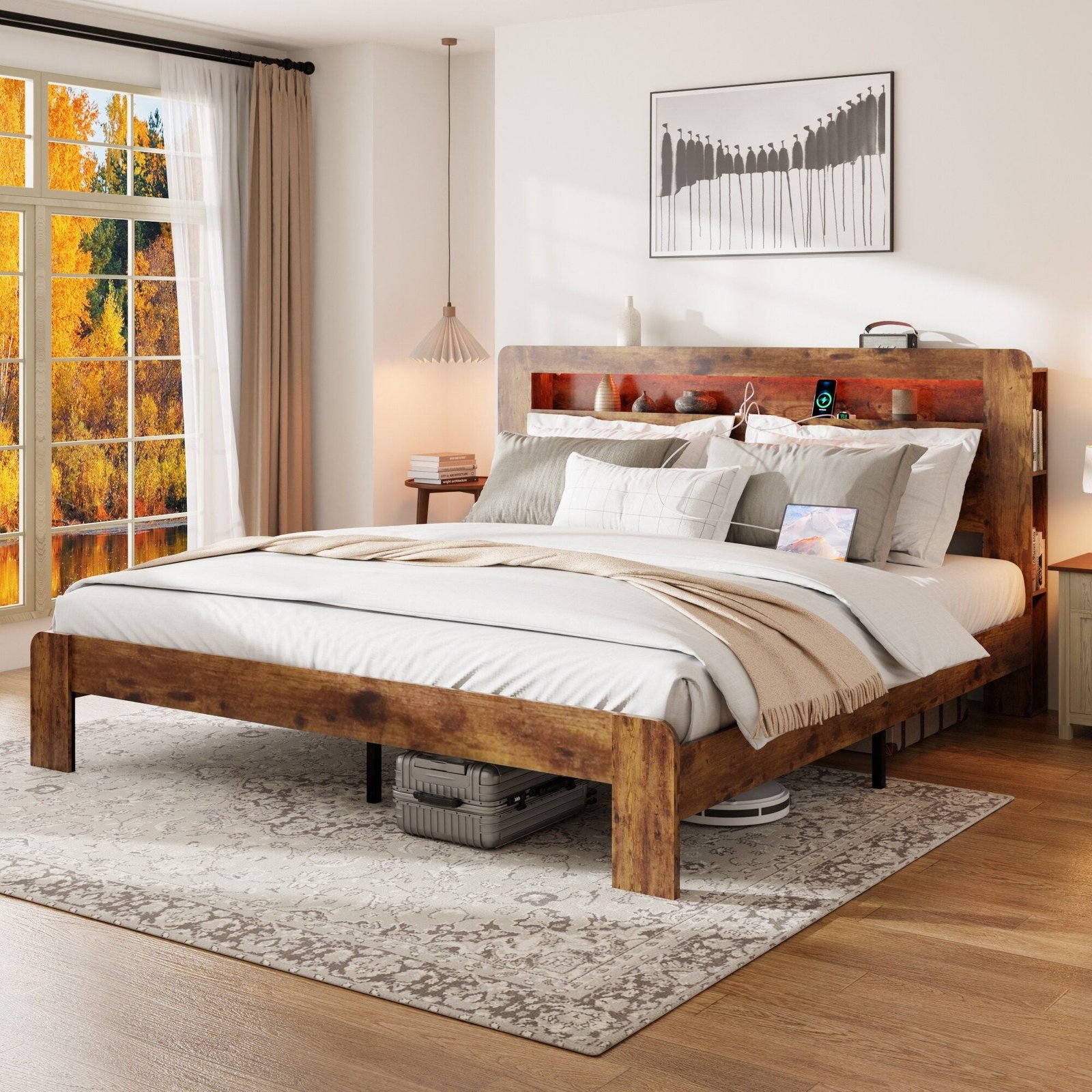 dark brown king size wood platform bed frame led light headboard usb ports no box spring needed easy assembly large storage no