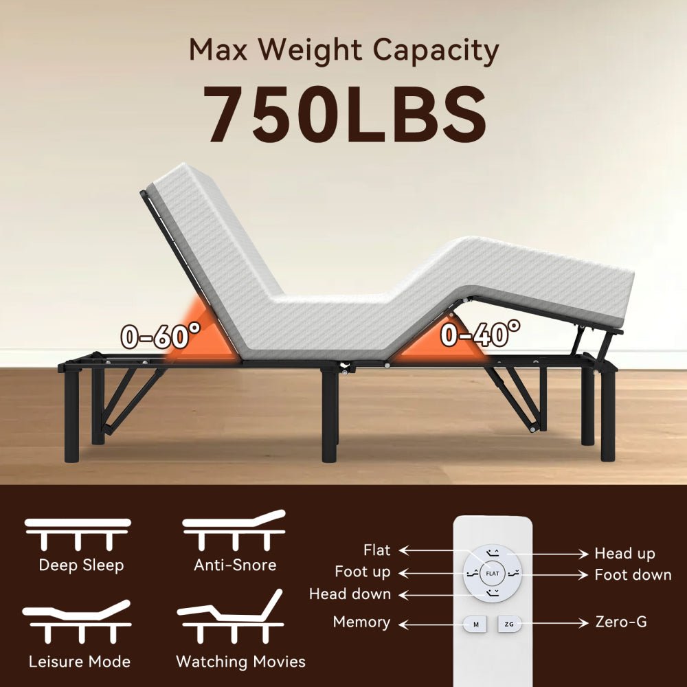 adjustable bed base frame head and foot incline quiet motor queen size zero gravity