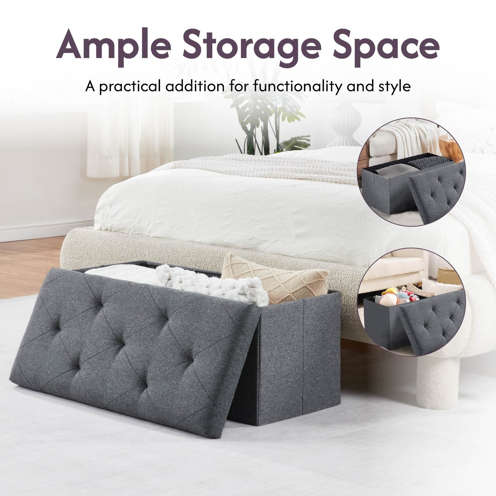 30 inches gray folding storage ottoman bench for foot rest & end bed storage chic chest design for living room bedroom entryway