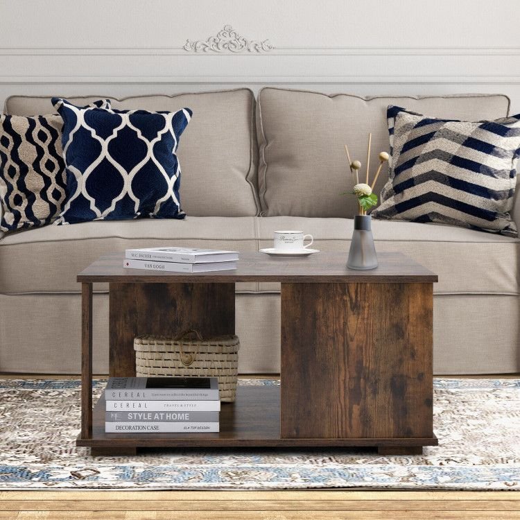 2 tiers square coffee table with non slip foot pads and storage space
