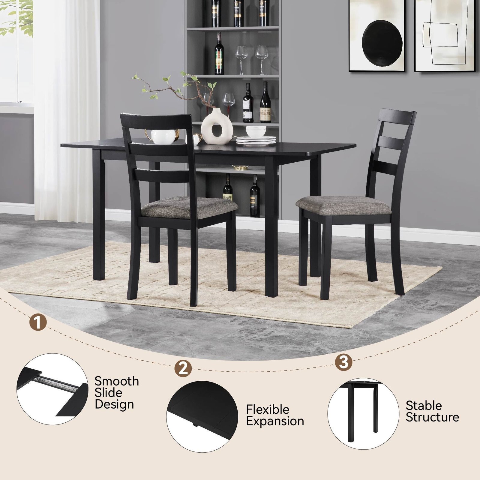 59'' extendable black wooden dining table modern home office furniture for 4 8 people for small spaces kitchen & living room use